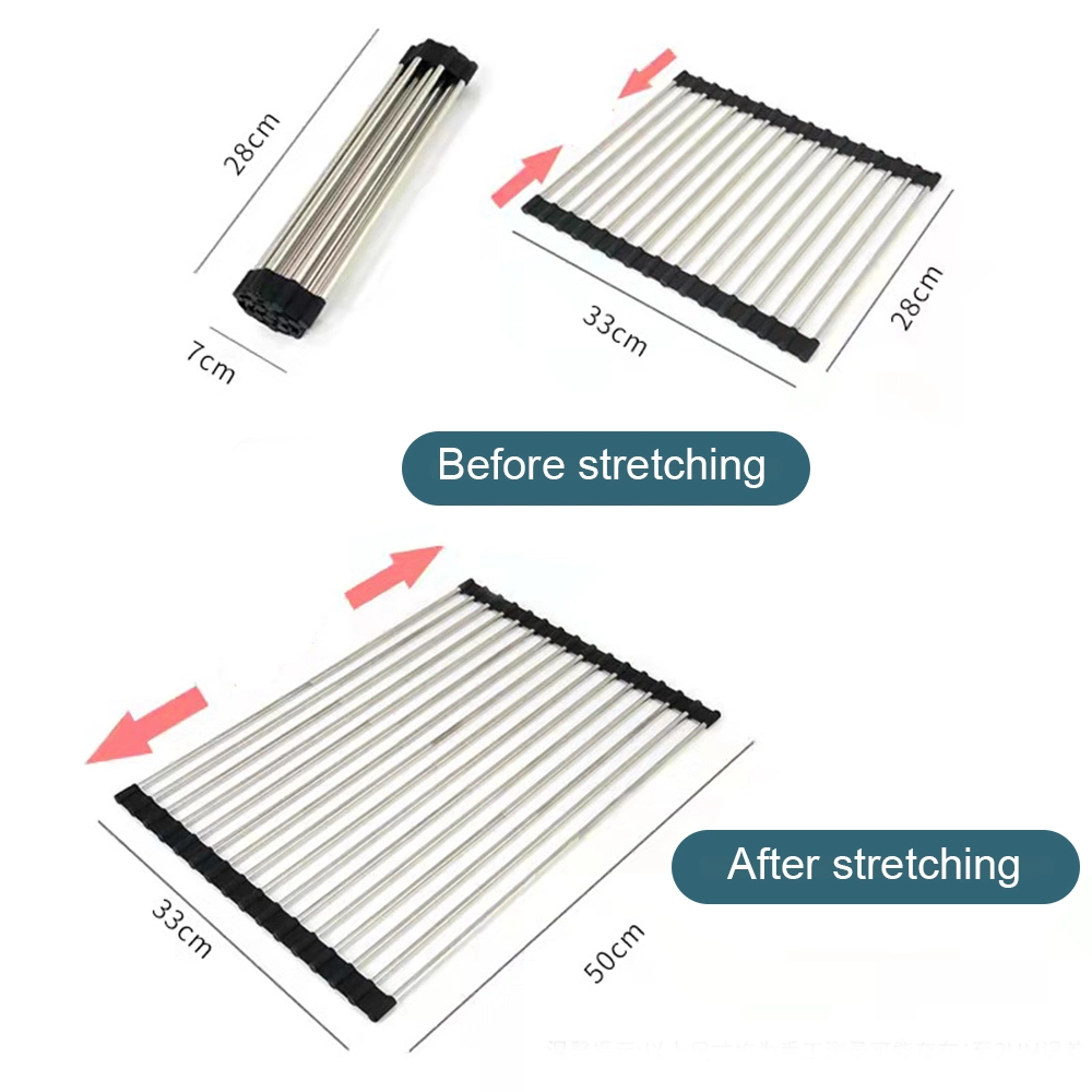 Hot Rolled Silicone Kitchen Stainless Steel Plastic Drain Basket Folding Tray Drying Sink Rack