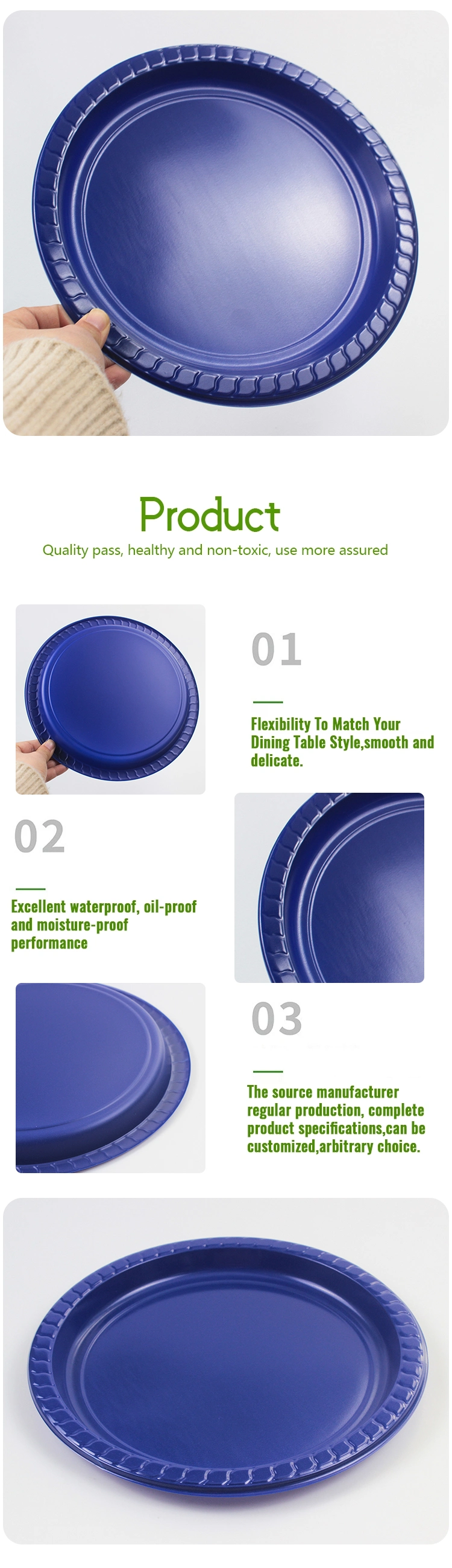 Hot Sale Wholesale Plastic Disposable Food Grade Dark Blue PS Customize Colorful Size Round Plate for Dinner