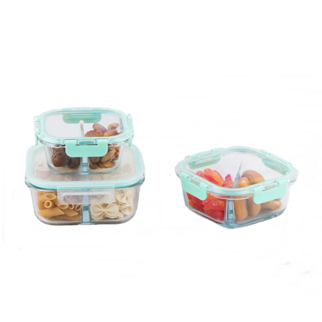 Square Glass Food Freshness Preservation Lunch Box with Transparent Plastic Box